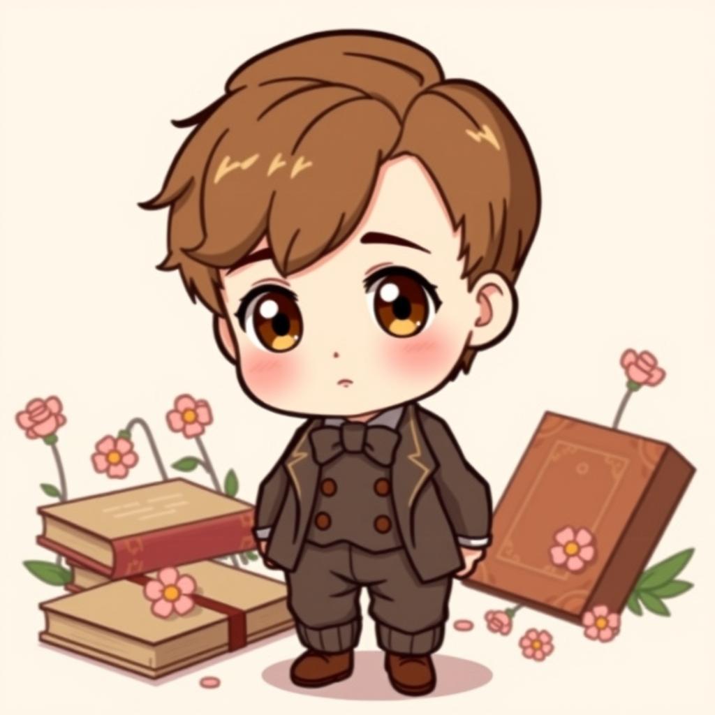 A cute chibi boy character from the 19th century, featuring short brown hair styled in a charming way, and large, expressive brown eyes