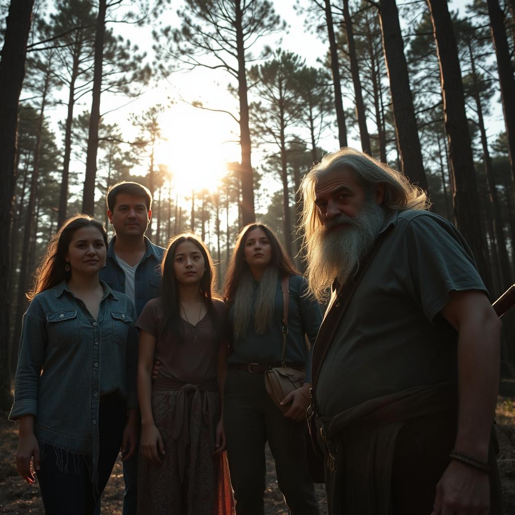 A dramatic scene in a forest during a sunny afternoon, capturing the moment when the Rodríguez family, consisting of a father, mother, daughter Ana, and son Carlos, encounters a mysterious man