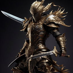 An anime style warrior equipped with ornate armor and holding a masterfully crafted sword, standing in a dynamic and dramatic pose.