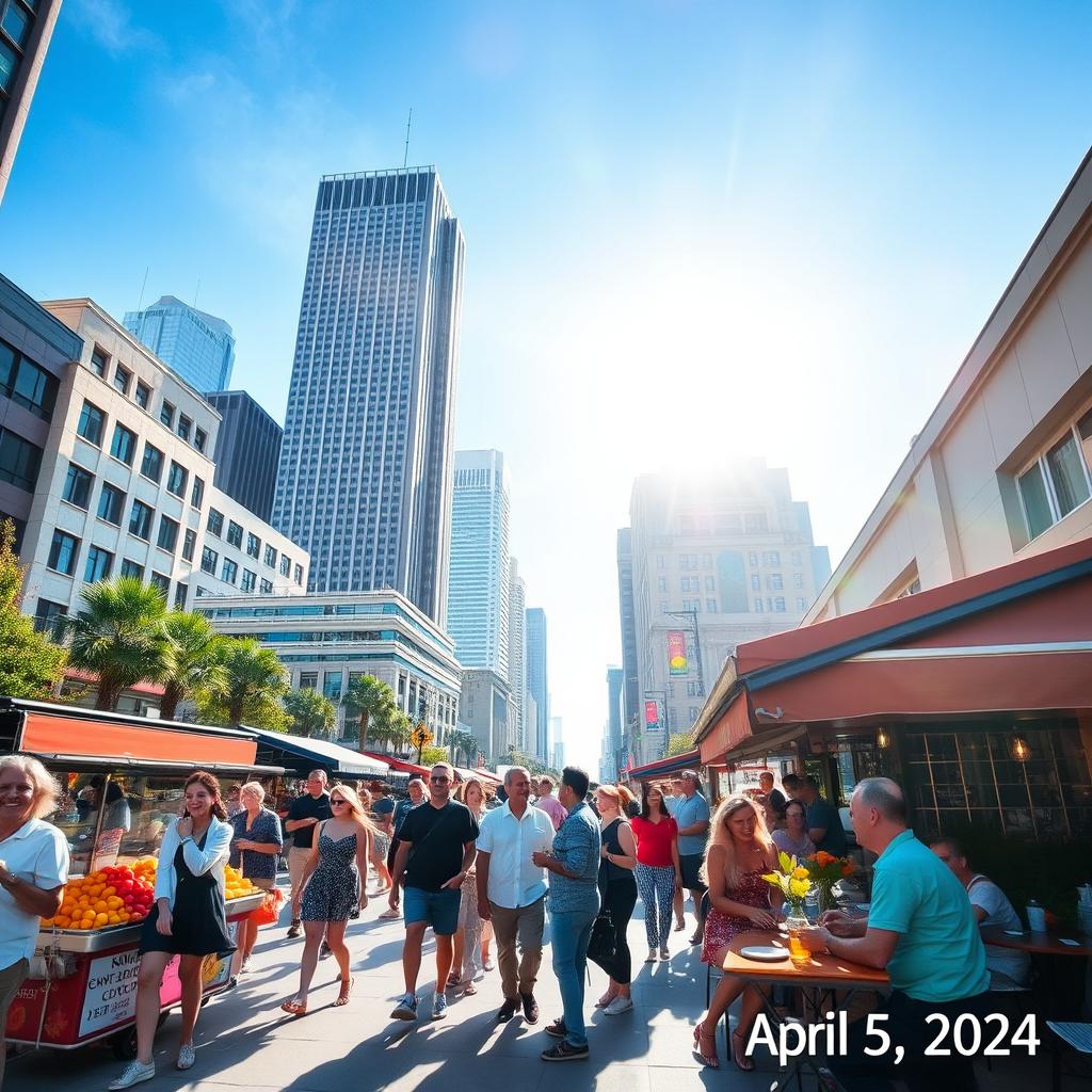 A bright and vibrant scene of a bustling city street on April 5, 2024, filled with people enjoying their day