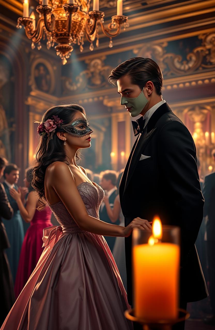 A romantic scene set at a lavish masked ball, featuring a girl wearing an elegant, flowing gown and a mysterious mask