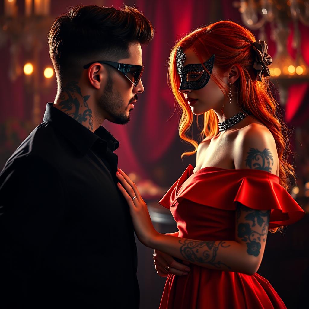 A striking scene featuring a red-headed girl wearing a stunning off-the-shoulder red dress and an elegant mask that accentuates her beauty