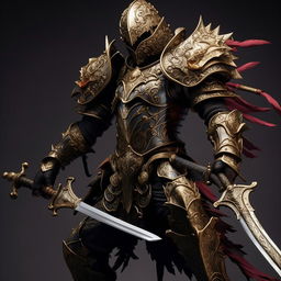 An anime style warrior equipped with ornate armor and holding a masterfully crafted sword, standing in a dynamic and dramatic pose.