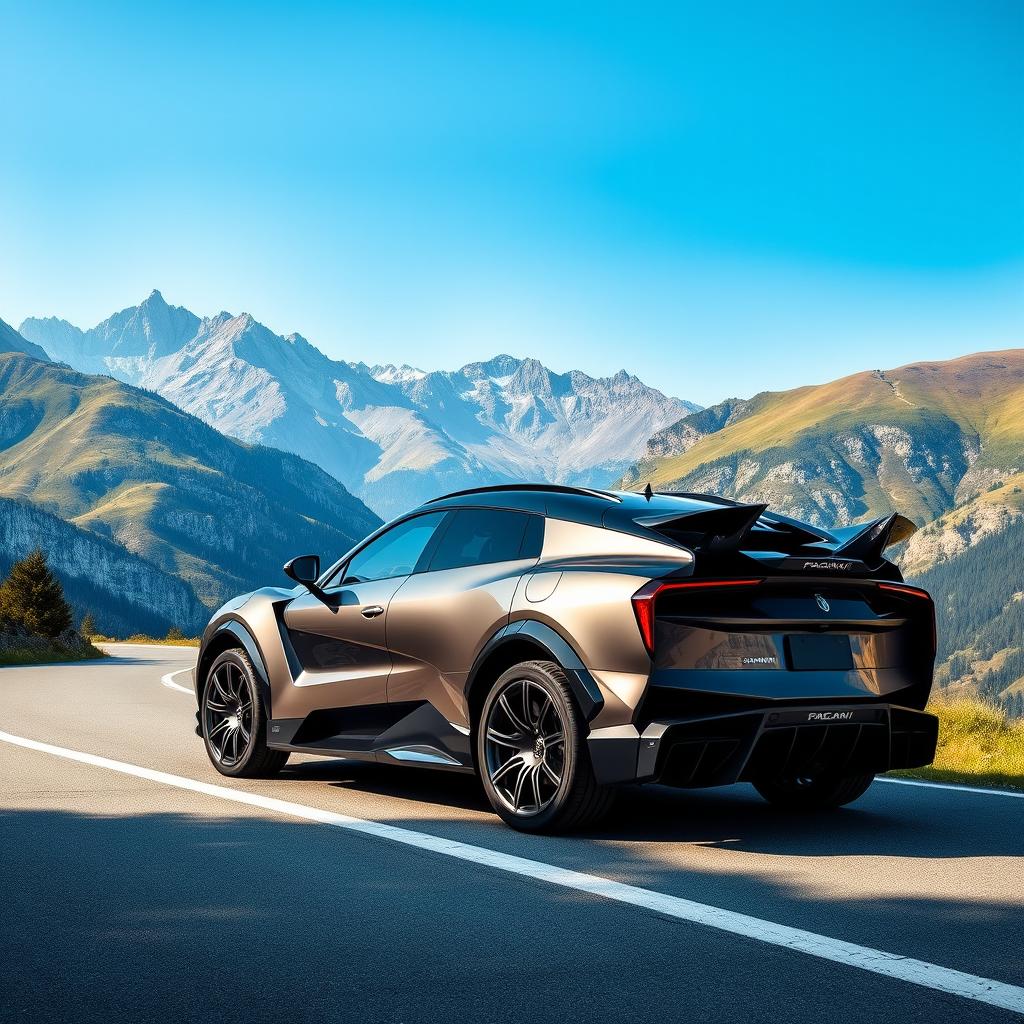 A stunning Pagani SUV, showcasing its sleek, aerodynamic design and luxurious features, parked elegantly on a winding mountain road surrounded by breathtaking scenery