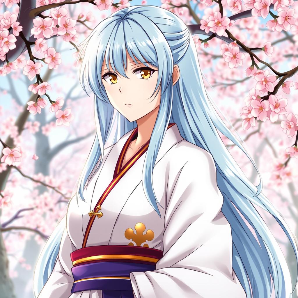 A Tsundere female samurai in Gintama anime art style, featuring long, glossy light-blue hair that shines with a golden glimmer