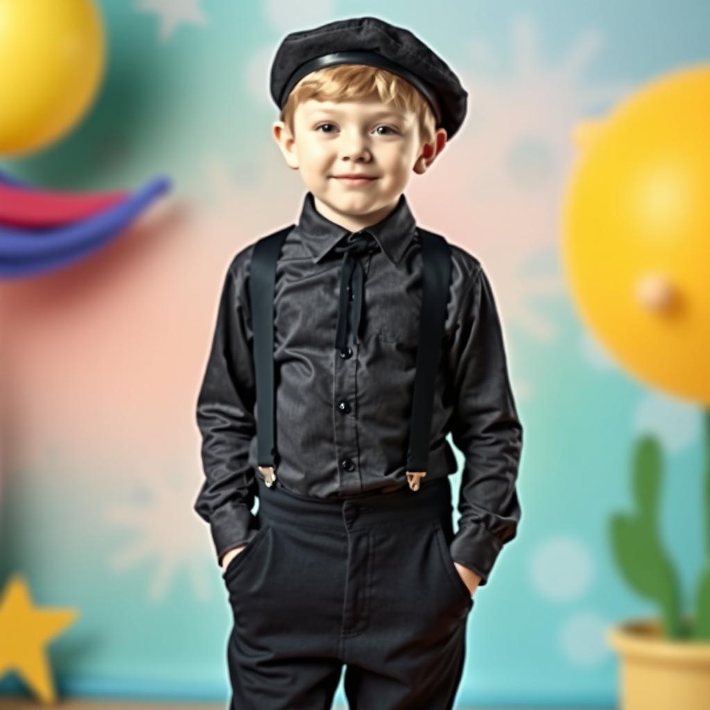 A young boy dressed as a mime, wearing a long-sleeved shirt, black trousers, and black suspenders