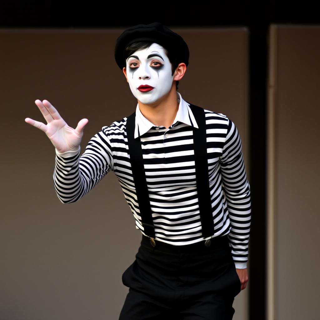 A teenage mime, wearing a long-sleeved black and white striped shirt, black trousers, and black suspenders