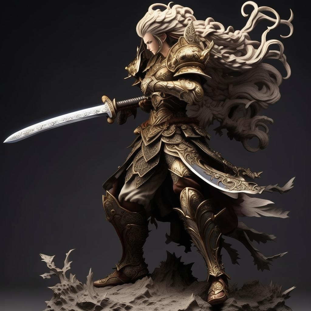 An anime style warrior equipped with ornate armor and holding a masterfully crafted sword, standing in a dynamic and dramatic pose.