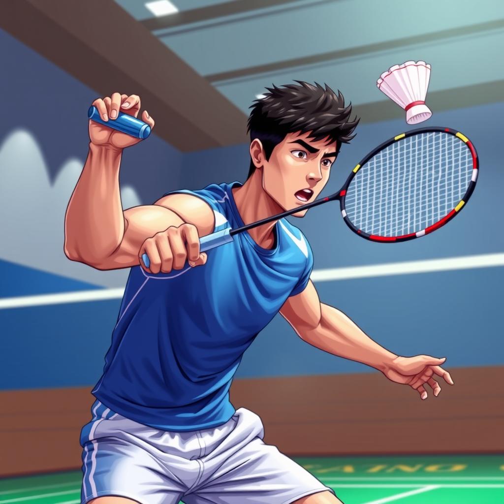 A detailed pixel art image of a 25-year-old male badminton player in action, showcasing an athletic and fit appearance