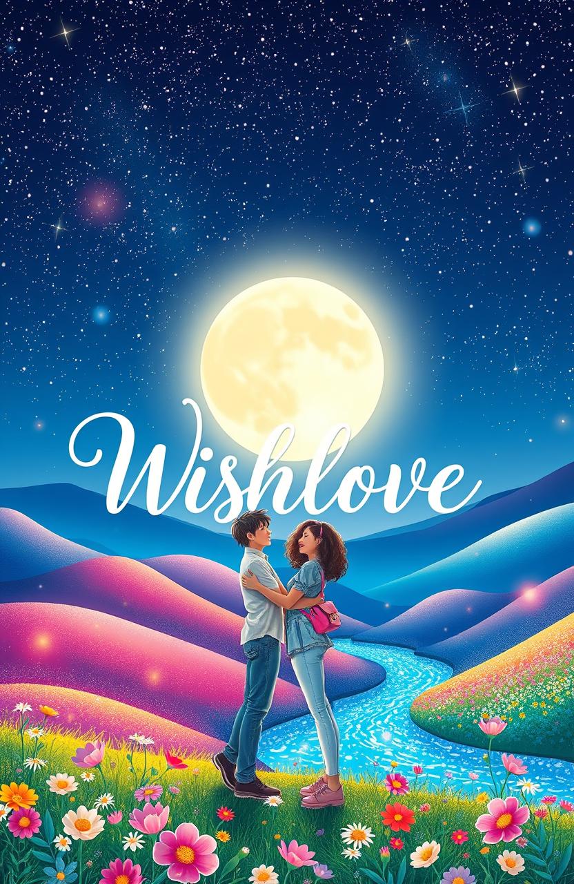 An album cover for the song "Wishlove" by HustleBustle, featuring a vibrant and dreamy landscape
