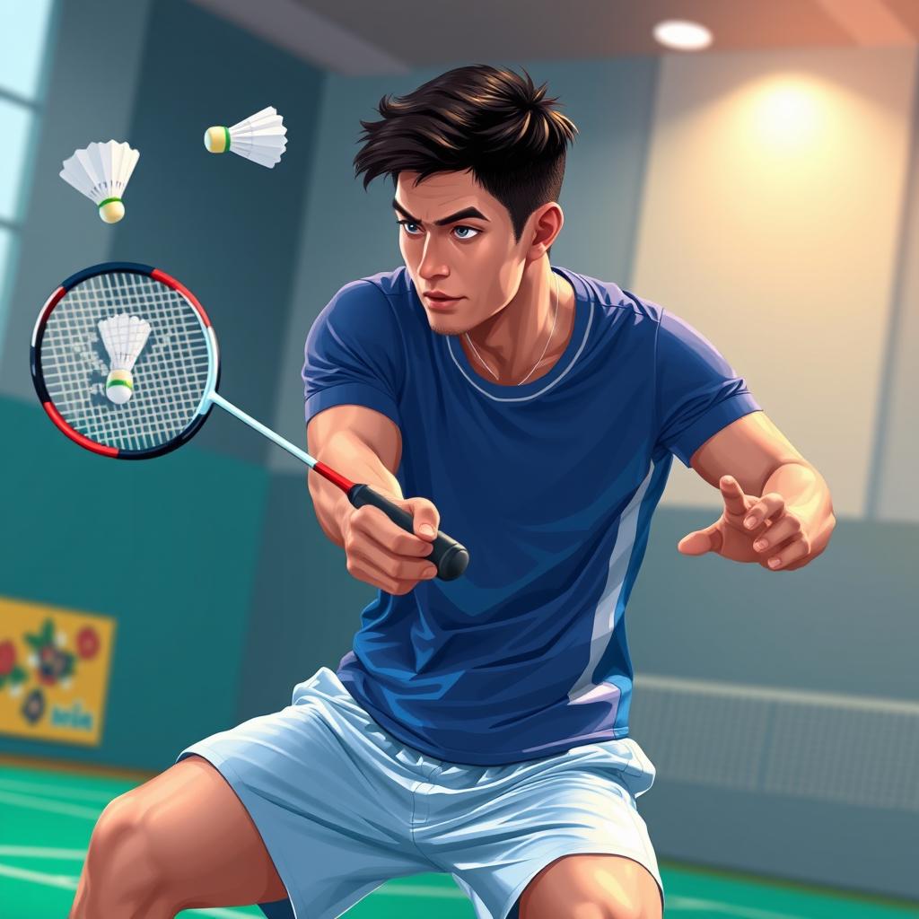 A detailed pixel art image of a 25-year-old male badminton player in action, exhibiting an athletic and fit physique