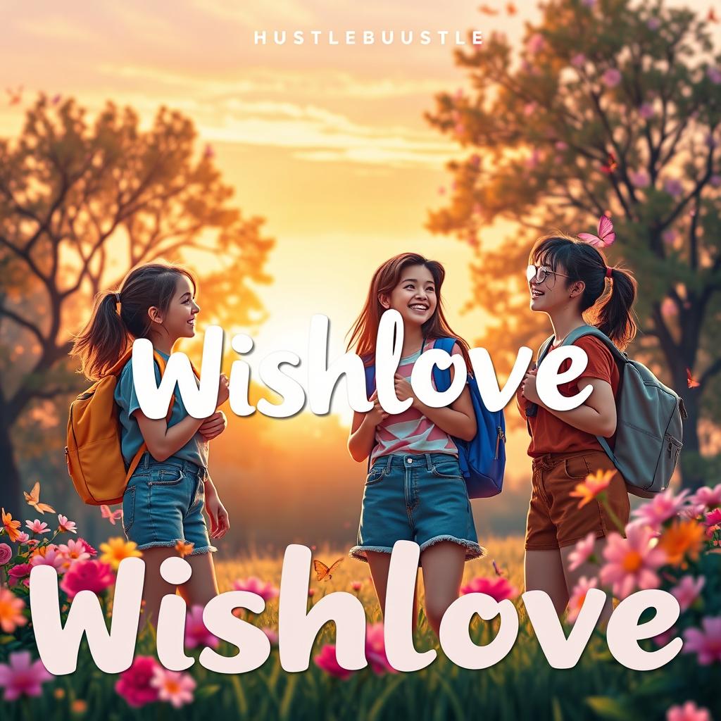 An album cover for the song "Wishlove" by HustleBustle, depicting four high school students in a cheerful and vibrant setting