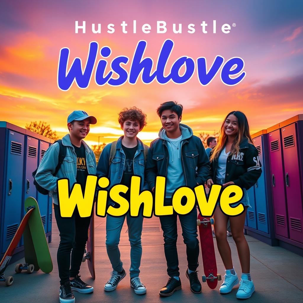 An album cover for the song "Wishlove" by HustleBustle, featuring four high school students: two boys and two girls