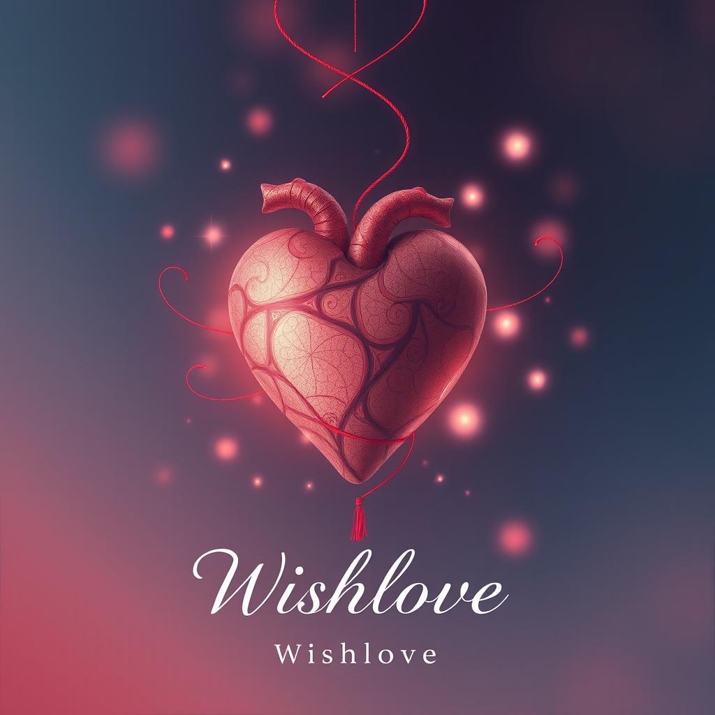 An album cover for the song "Wishlove" by HustleBustle, prominently featuring a large, artistic heart at the center, intertwined with a delicate red thread symbolizing the 'red string of fate'