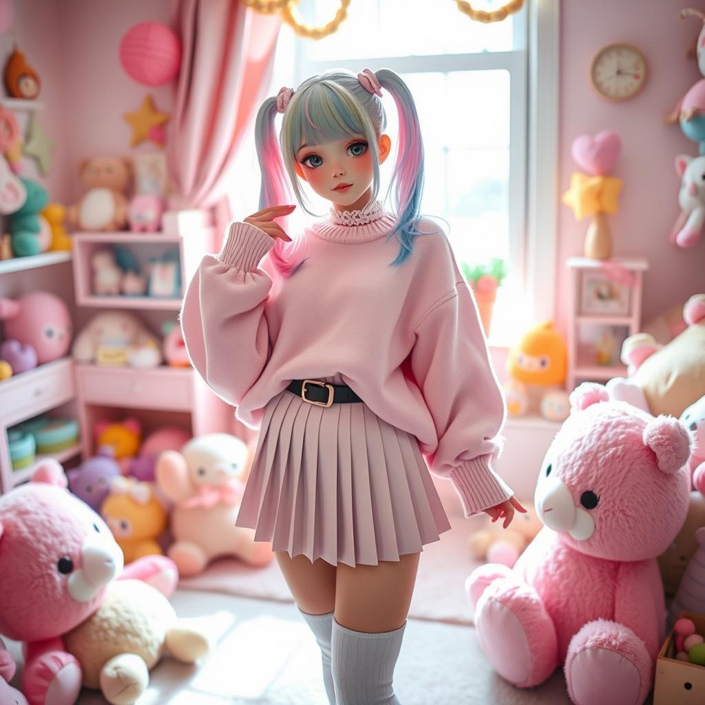 A stylish femboy with delicate features, wearing an oversized pastel sweater, a pleated mini skirt, and knee-high socks