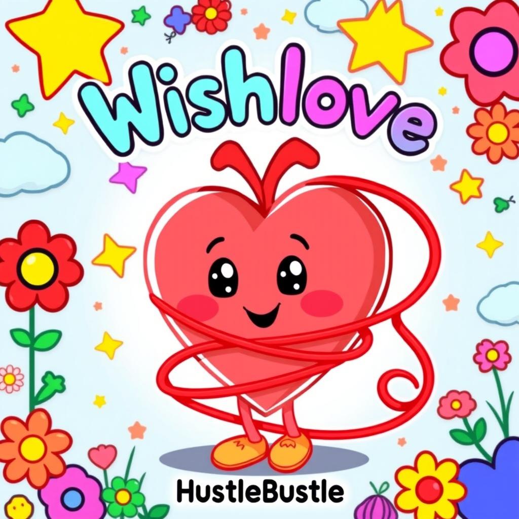 A vibrant and playful cartoon album cover for the song "Wishlove" by HustleBustle, featuring a large, cheerful heart character at the center, adorably drawn with expressive eyes and a big smile