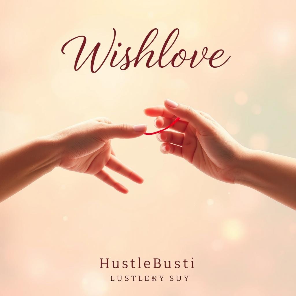 An album cover for the song "Wishlove" by HustleBustle, featuring two hands reaching toward each other, delicately intertwined with a vibrant red thread that symbolizes connection and love