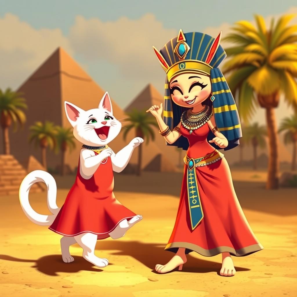 A whimsical scene featuring a white cat dressed in a vibrant red dress, playfully dancing alongside the iconic queen Cleopatra