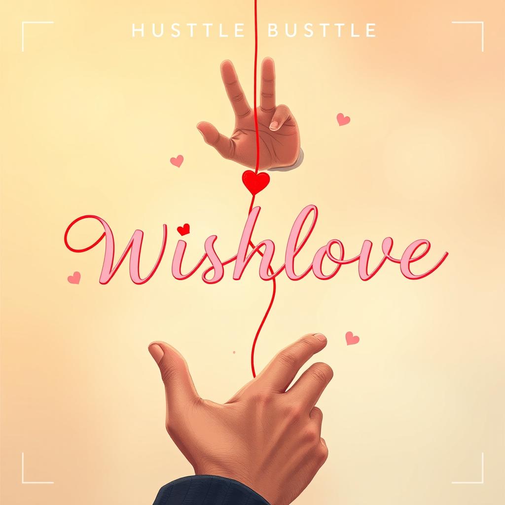 A charming and heartfelt album cover for the song "Wishlove" by HustleBustle, featuring a man's hand and a woman's hand reaching towards each other, delicately intertwined with a vibrant red thread that symbolizes their connection and love