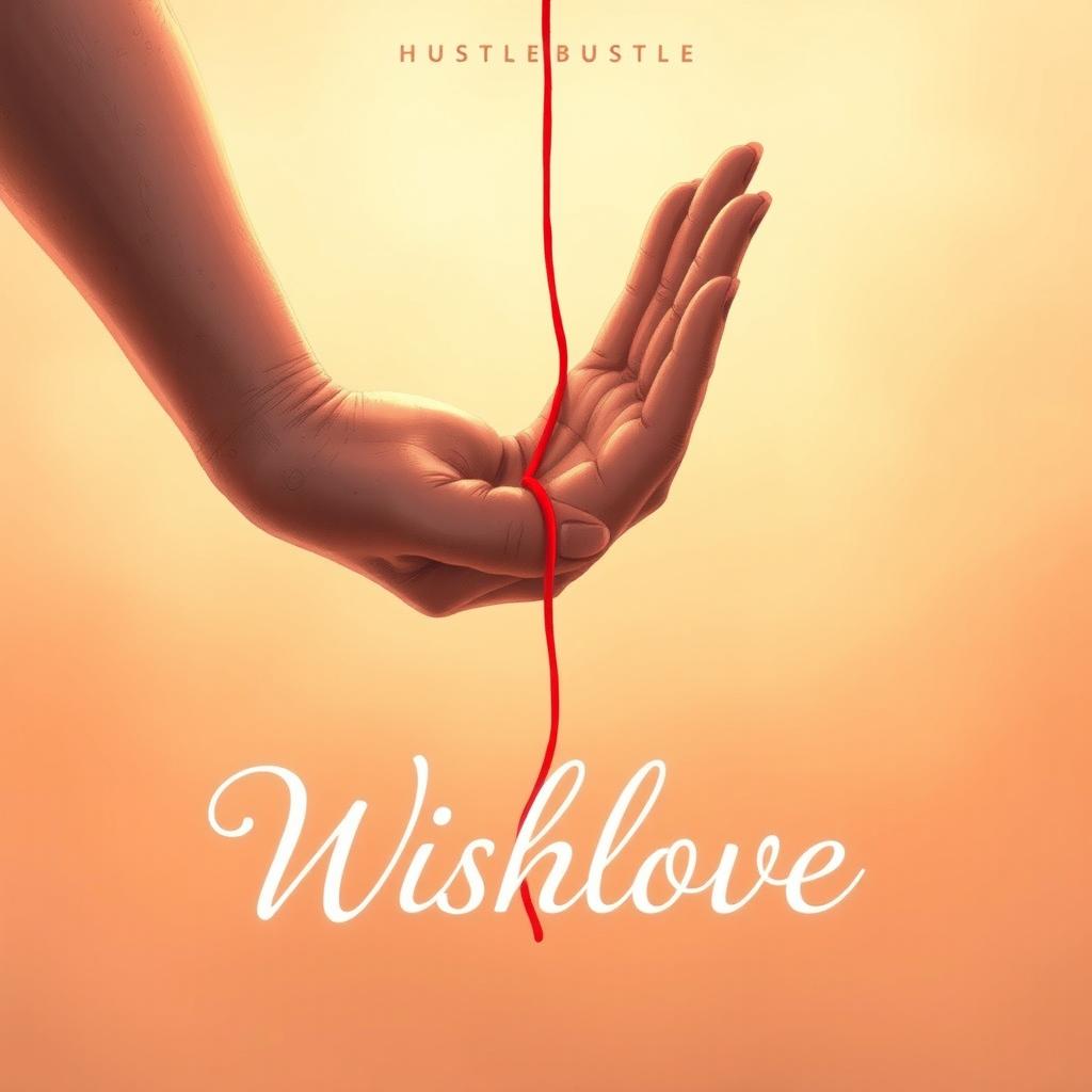An artistic album cover for the song "Wishlove" by HustleBustle, depicting a single hand gracefully reaching out to grasp a vibrant red thread