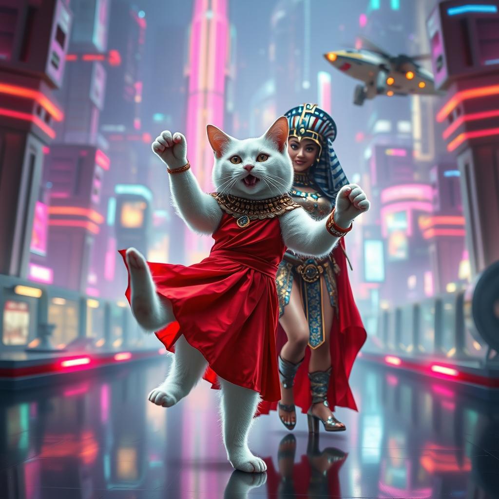 A futuristic scene featuring a white cat dressed in a striking red dress, joyfully dancing with Cleopatra in a high-tech environment