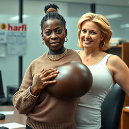 In an office setting, a very short and malnourished 30-year-old Black woman with deeply dark skin and a fierce expression is dressed in a sweater