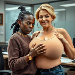 In an office setting, a very short and malnourished 30-year-old Black woman with deeply dark skin and a fierce expression is dressed in a sweater