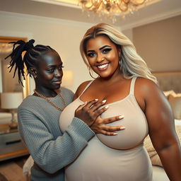 In a luxurious modern bedroom, a very short and malnourished 30-year-old Black woman with deeply dark skin and a fierce expression is dressed in a sweater