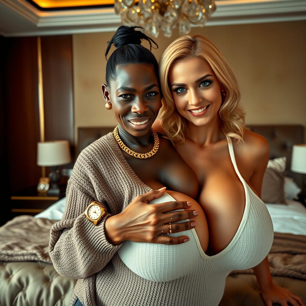 In a luxurious modern bedroom, a very short and malnourished 30-year-old Black woman with deeply dark skin and a fierce expression is dressed in a sweater