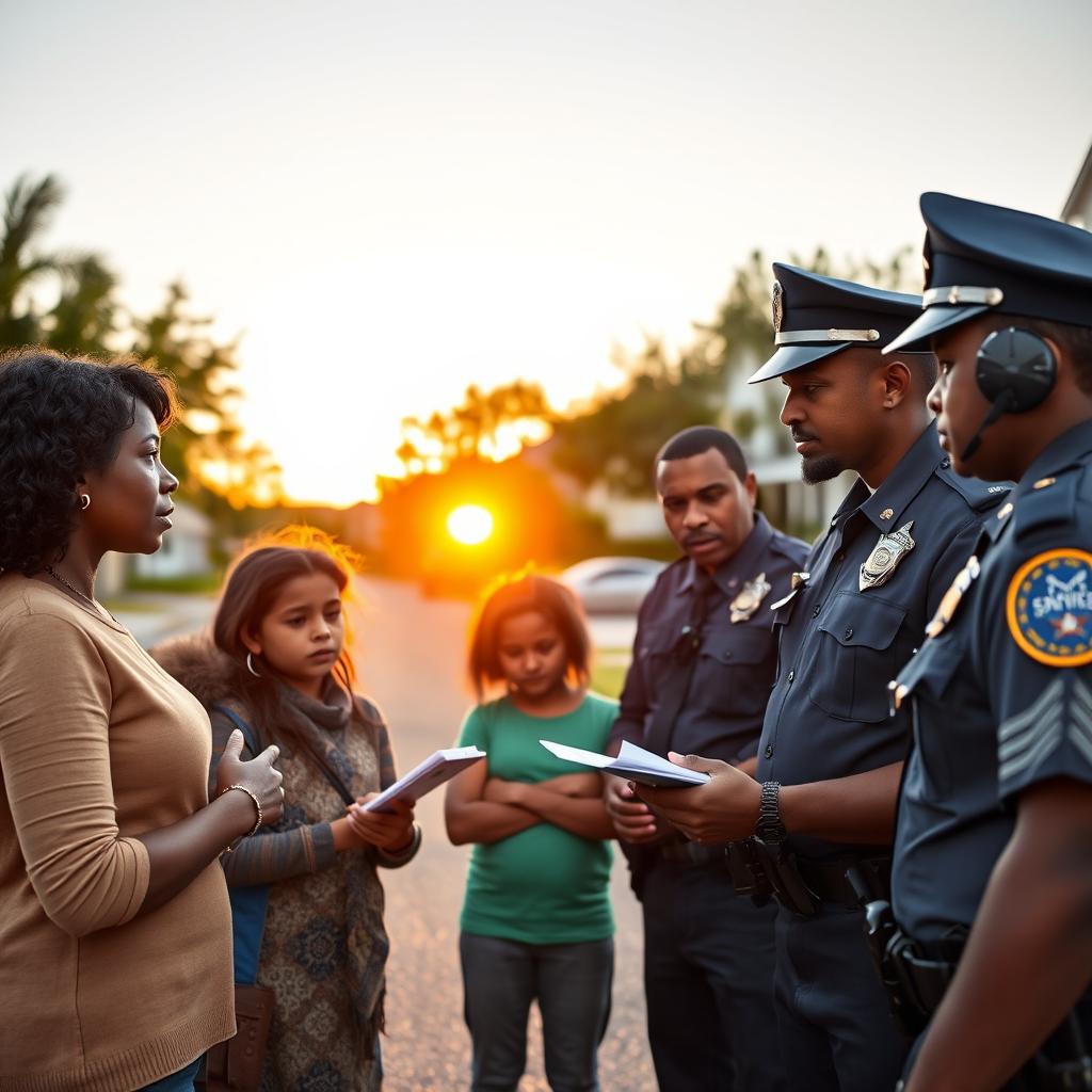 A concerned family talking to police officers in a community setting