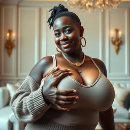 In a luxurious modern room, a very short and malnourished 30-year-old Black woman with deeply dark skin and a fierce expression is dressed in a sweater