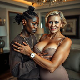 In a luxurious modern room, a very short and malnourished 30-year-old Black woman with deeply dark skin and a fierce expression is dressed in a sweater