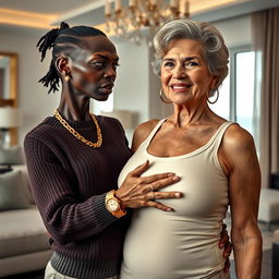 In a luxurious modern room, a very short and malnourished 30-year-old Black woman with deeply dark skin and a fierce expression is wearing a sweater