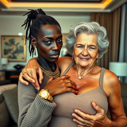 In a luxurious modern room, a very short and malnourished 30-year-old Black woman with deeply dark skin and a fierce expression is wearing a sweater