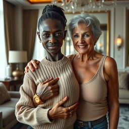 In a luxurious modern room, a very short and malnourished 30-year-old Black woman with deeply dark skin and a fierce expression is wearing a sweater