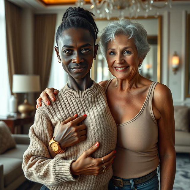 In a luxurious modern room, a very short and malnourished 30-year-old Black woman with deeply dark skin and a fierce expression is wearing a sweater