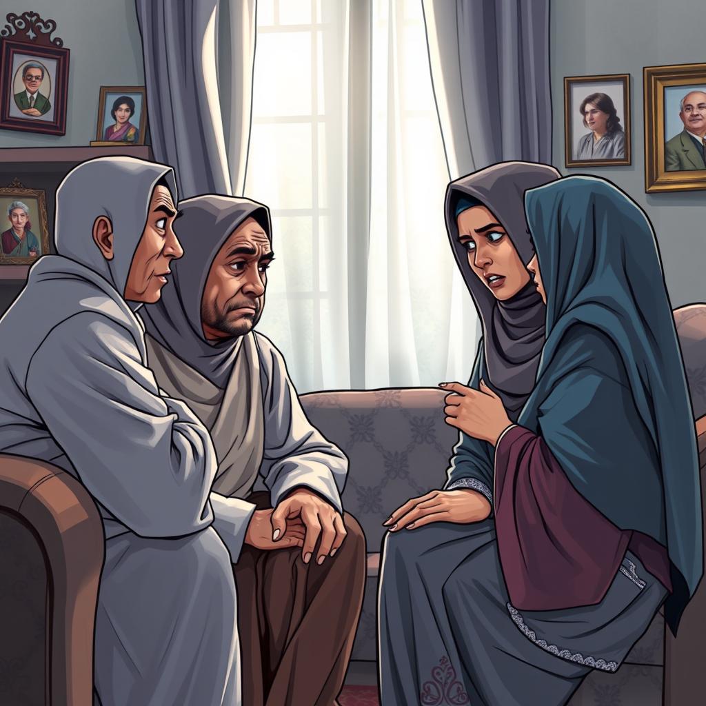 A tense yet expressive scene illustrating Muslim parents engaged in a disagreement with their daughter-in-law in a cozy living room