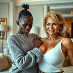 In a luxurious modern room, a very short and malnourished 20-year-old Black woman with deeply dark skin and a fierce expression is dressed in a sweater