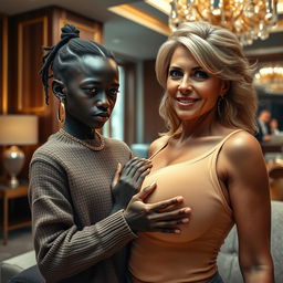 In a luxurious modern room, a very short and malnourished 20-year-old Black woman with deeply dark skin and a fierce expression is dressed in a sweater