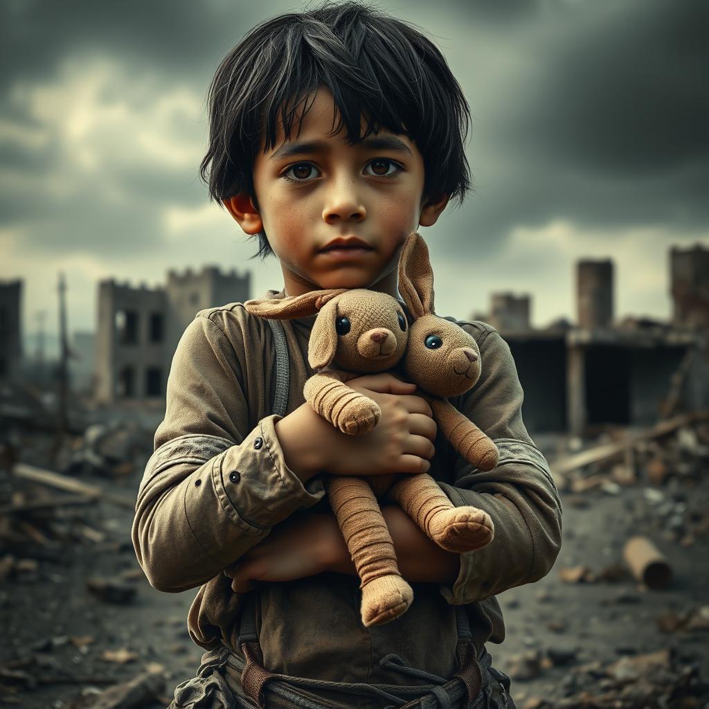 A poignant war-themed poster featuring a young boy with wheatish skin and black hair