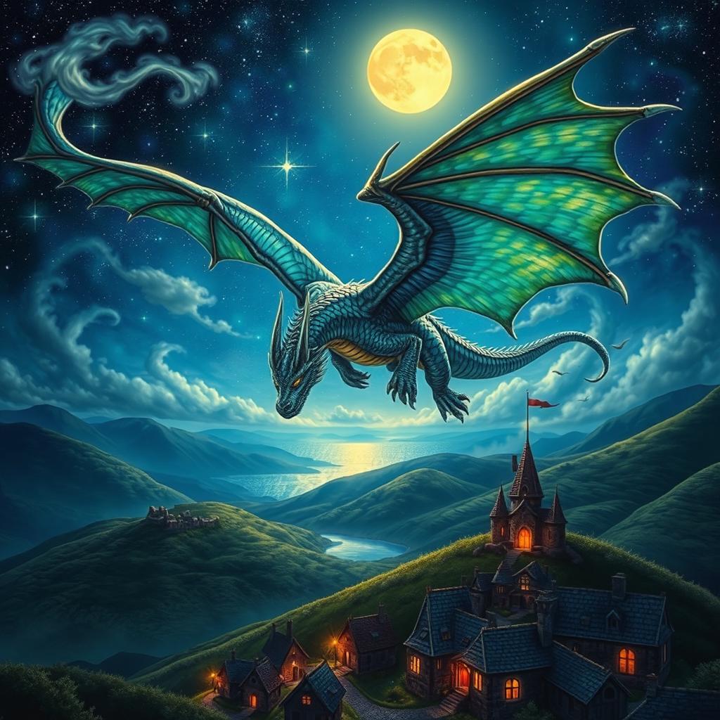 A majestic dragon soaring through a vibrant, starry night sky