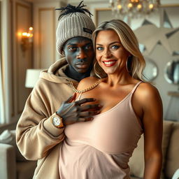 In a luxurious modern room, a very short and malnourished 18-year-old Black woman with deeply dark skin and a fierce expression is wearing an oversized men's hoodie and a winter beanie