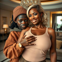 In a luxurious modern room, a very short and malnourished 18-year-old Black woman with deeply dark skin and a fierce expression is wearing an oversized men's hoodie and a winter beanie