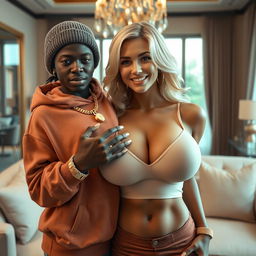 In a luxurious modern room, a very short and malnourished 18-year-old Black woman with deeply dark skin and a fierce expression is wearing an oversized men's hoodie and a winter beanie