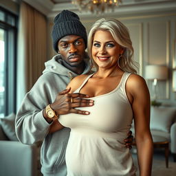 In a luxurious modern room, a very short and malnourished 18-year-old Black woman with deeply dark skin and a fierce expression is wearing an oversized men's hoodie and a winter beanie