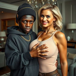 In a luxurious modern room, a very short and malnourished 18-year-old Black woman with deeply dark skin and a fierce expression is wearing an oversized men's hoodie and a winter beanie