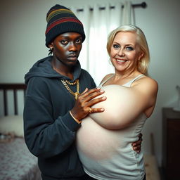 In a simple bedroom, a very short and malnourished 18-year-old Black woman with deeply dark skin and a fierce expression is wearing an oversized men's hoodie with a hood, a winter beanie, and has Rastafarian hair