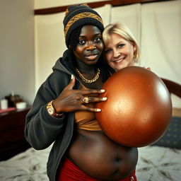 In a simple bedroom, a very short and malnourished 18-year-old Black woman with deeply dark skin and a fierce expression is wearing an oversized men's hoodie with a hood, a winter beanie, and has Rastafarian hair