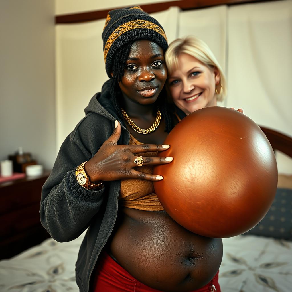 In a simple bedroom, a very short and malnourished 18-year-old Black woman with deeply dark skin and a fierce expression is wearing an oversized men's hoodie with a hood, a winter beanie, and has Rastafarian hair
