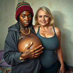 In a poor room, a very short and malnourished 18-year-old Black woman with deeply dark skin and a fierce expression is wearing an oversized men's hoodie with a hood, a winter beanie, and has Rastafarian hair